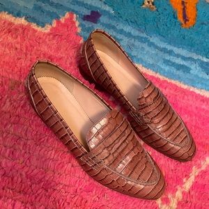 Academy style croc embossed Italian leather penny loafers from J Crew.